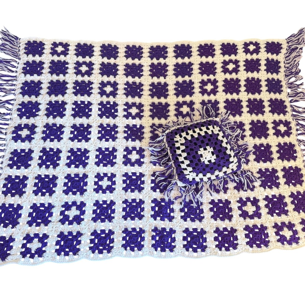 Handmade Crochet Granny Square Blanket & Pillow Set Purple Fringe Retro 50x40"